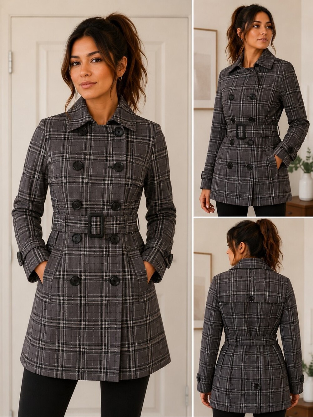 Jacob Plaid Grey Buttoned Double Breasted Belted Trench Coat,  XS